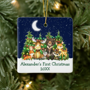Ornement En Céramique Bébé Première forêt de Noël Animaux Lumières Vert
