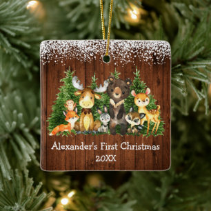Ornement En Céramique Bébé Première Forêt de Noël Animaux Neige Rustique