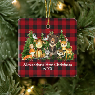 Ornement En Céramique Bébé Première Forêt de Noël Animaux Rouge Plaid