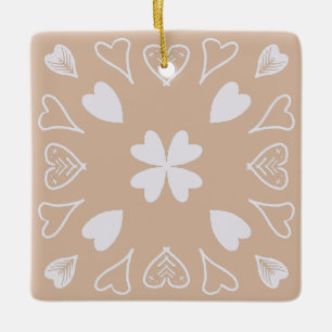 Ornement En Céramique Beige Heart Folk Art Motif sapin de Noël