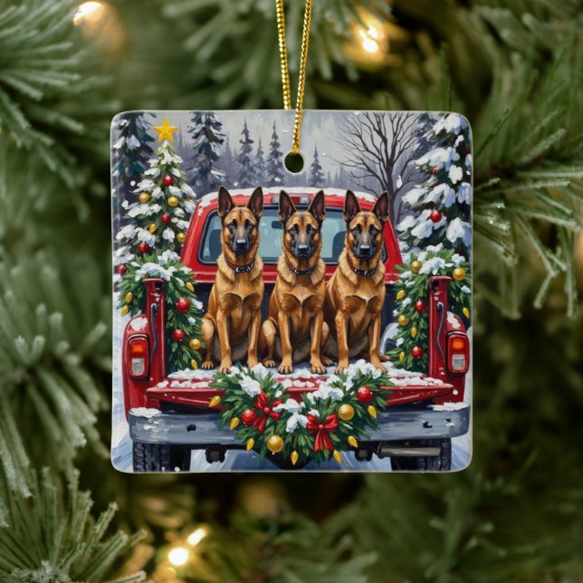 Ornement En Céramique Belgian Malinois Christmas Red Truck Holiday (Arbre)
