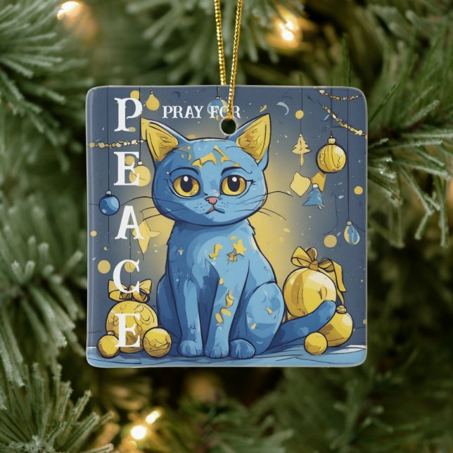 Ornement En Céramique Belle chatte jaune aux yeux bleus - ukraine (Arbre)