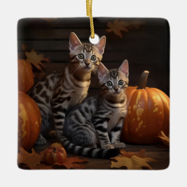 Ornement En Céramique Bengal Kitten Automne Citrouille de plaisir (Devant)