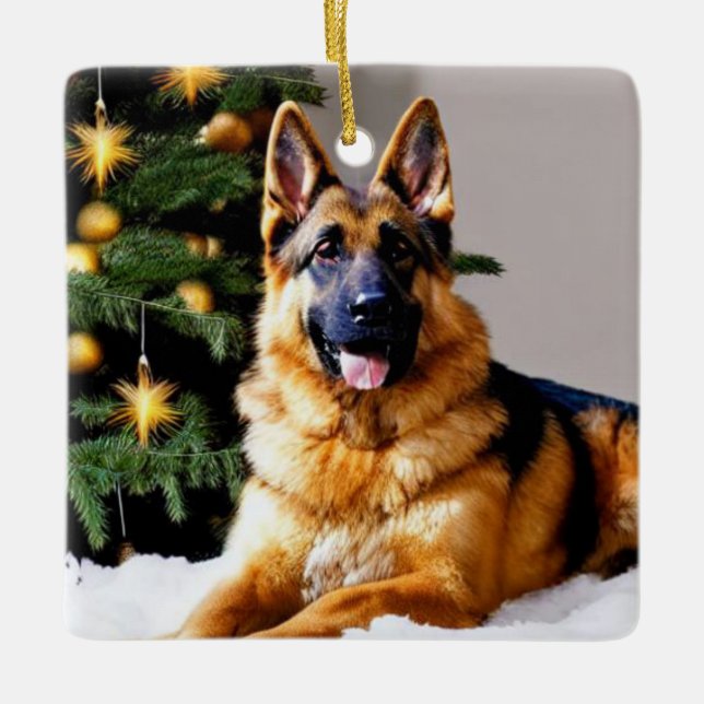 Ornement En Céramique Berger allemand sous arbre de Noël (Devant)