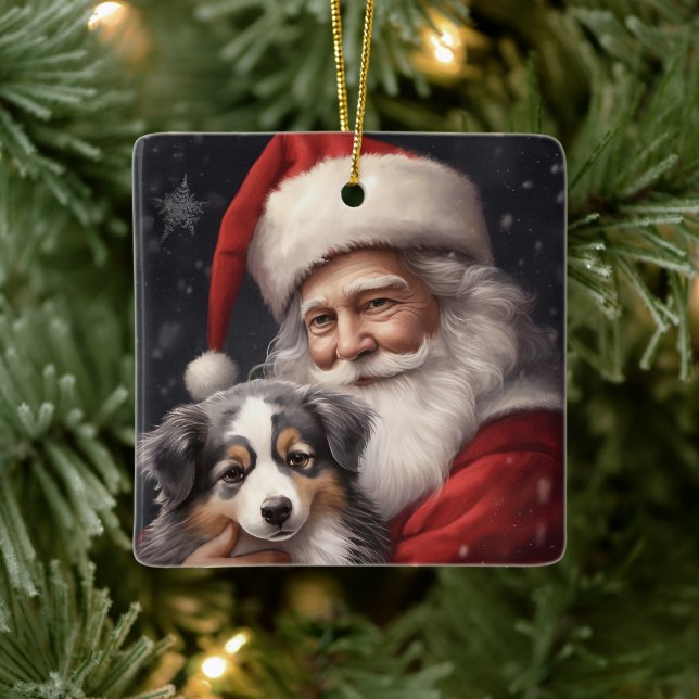 Ornement En Céramique Berger australien avec Noël du Père Noël (Arbre)
