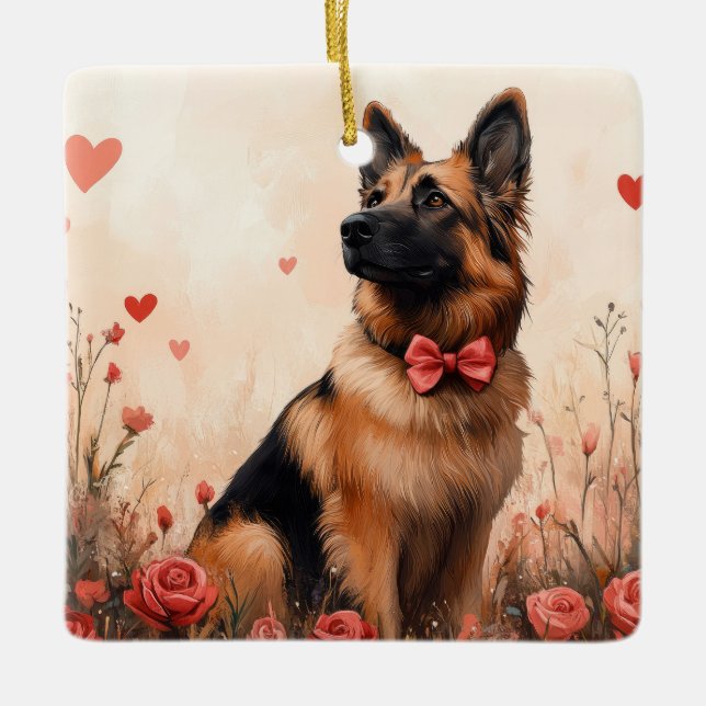 Ornement En Céramique Berger belge avec Rose - Saint-Valentin (Devant)