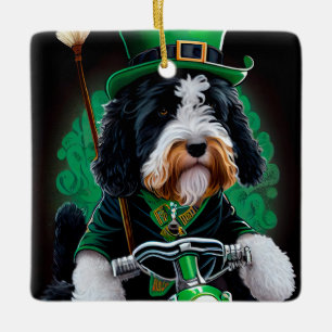 Ornement En Céramique Bernedoodle Chien conduisant vélo St. Patrick's Da