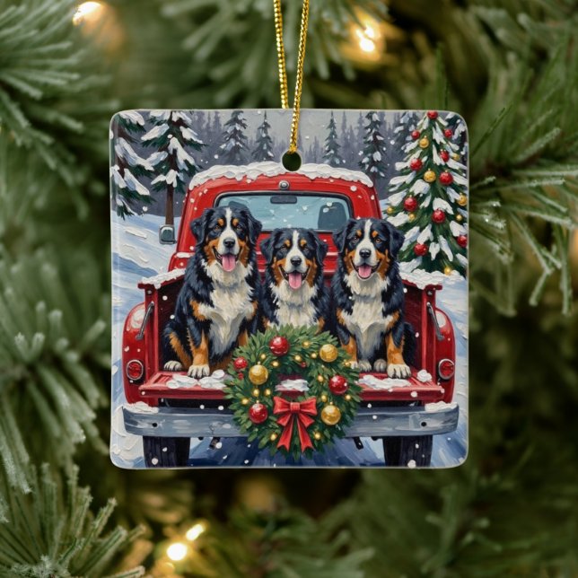 Ornement En Céramique Bernese Mountain Dog Christmas Red Truck Holiday (Arbre)