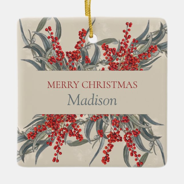 Ornement En Céramique Berries de Noël et feuillage botanique d'Eucalyptu (Devant)