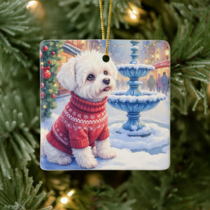 Ornement En Céramique Bichon Frise à l'aquarelle Fontaine festive Noël