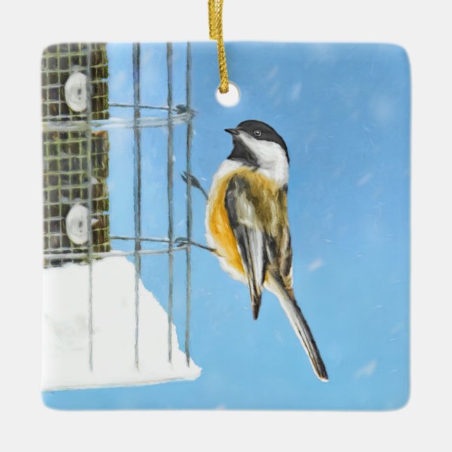 Ornement En Céramique Bickadee sur la peinture d'alimentation - Oiseaux  (Devant)