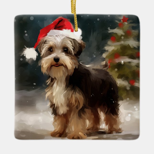 Ornement En Céramique Biewer Terrier Chien dans Noël de neige (Devant)