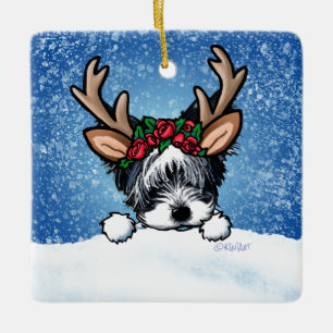 Ornement En Céramique Biewer Yorkie Reindeer Ornement céramique