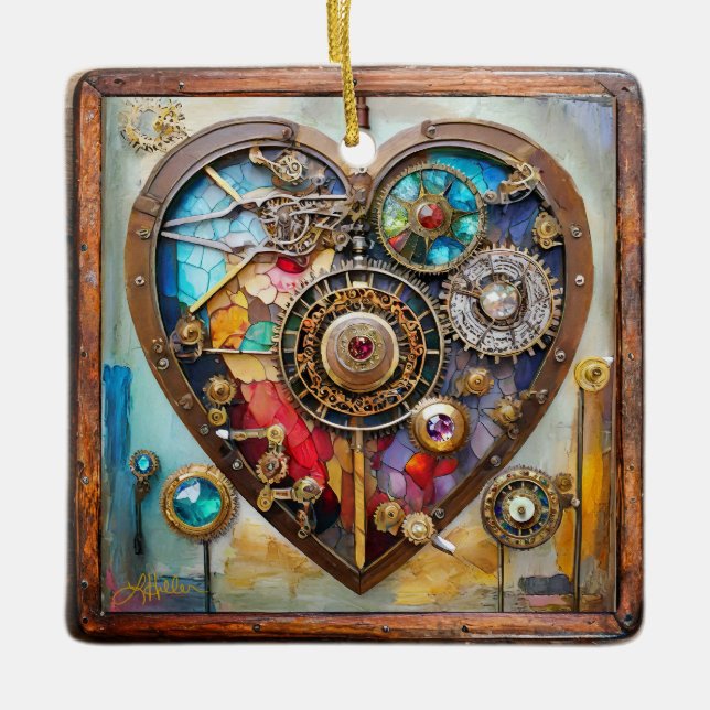 Ornement En Céramique Bijoux Et Vitrail Coeur Série Steampunk (Devant)
