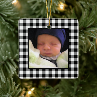Ornement En Céramique Black and White Buffalo Plaid Baby's 1st Christmas
