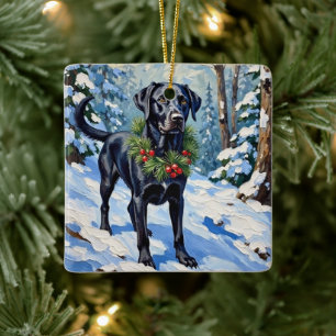 Ornement En Céramique Black Lab Forêt d'Hiver Sérène Noël Fêtes