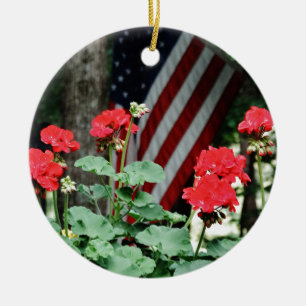Ornement En Céramique Blanc de fleur et de drapeau et bleu rouges