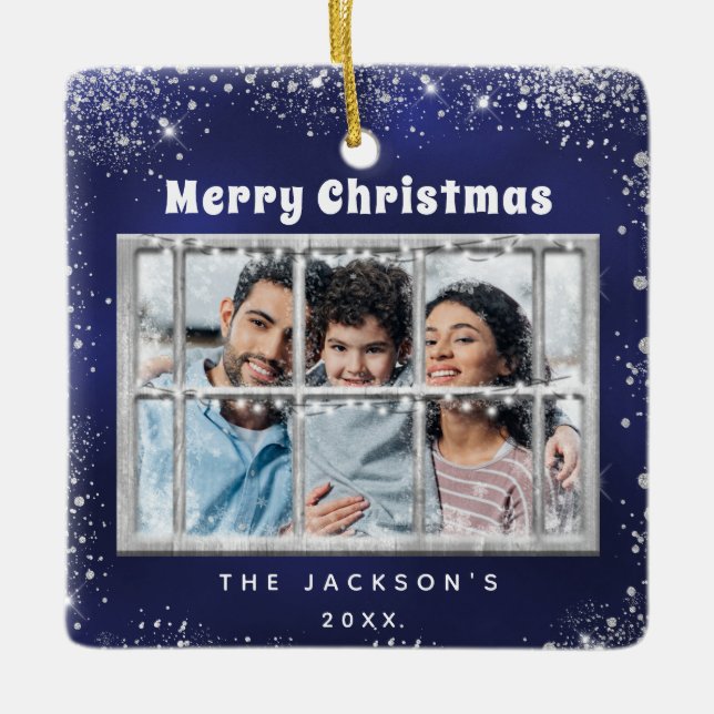 Ornement En Céramique Bleu argent neige photo hiver (Devant)