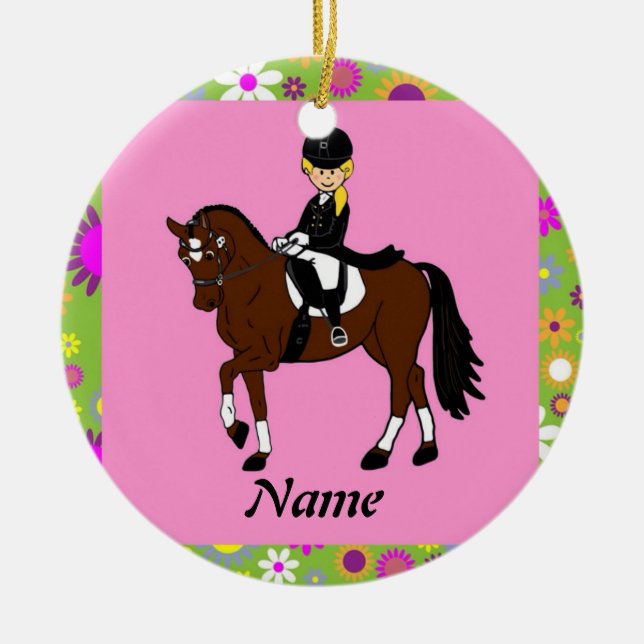 Ornement En Céramique Blonde fille dressage cheval cavalier caricature (Devant)