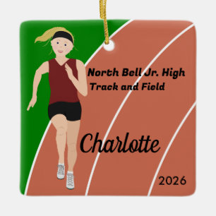 Ornement En Céramique Blonde Track and Field Girl in Maroon and Black