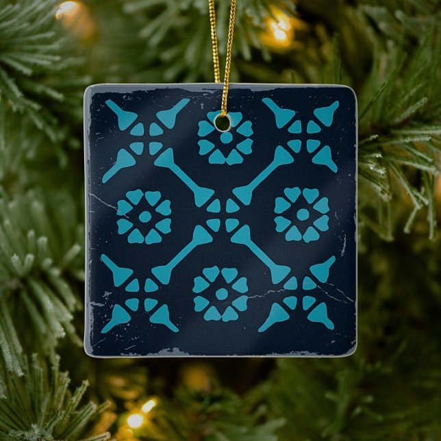 Ornement En Céramique Blue Black Geometric Tile Board Game Distressed  (Créateur téléchargé)