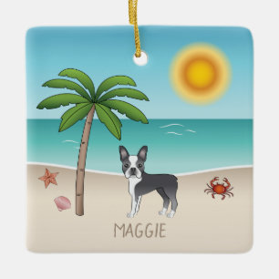 Ornement En Céramique Blue Boston Terrier À Une Plage Tropicale D'Été