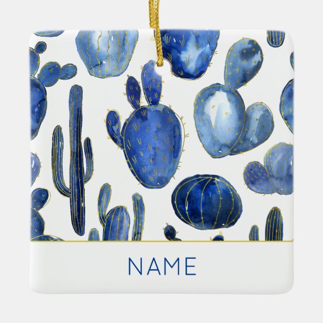Ornement En Céramique Blue Cactus Gold Desert Chic NAME Travel Fun (Devant)