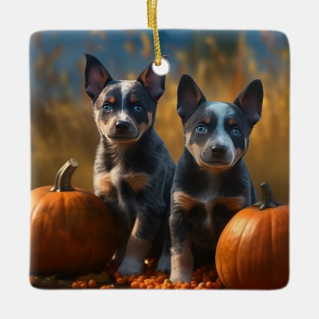Ornement En Céramique Blue Heeler Chiot Automne Citrouille de plaisir (Devant)