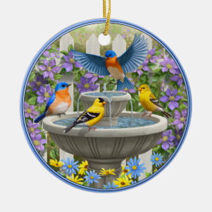 Ornement En Céramique Bluebirds Goldfinches et fontaine Birdbath