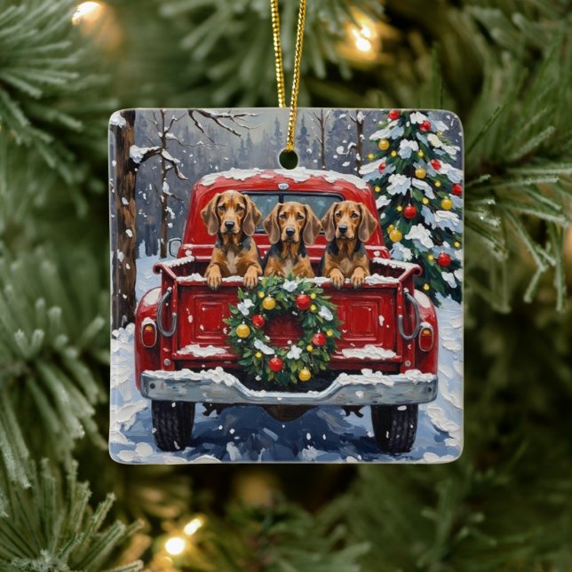 Ornement En Céramique Bluetick Coonhound Christmas Red Truck Holiday (Arbre)