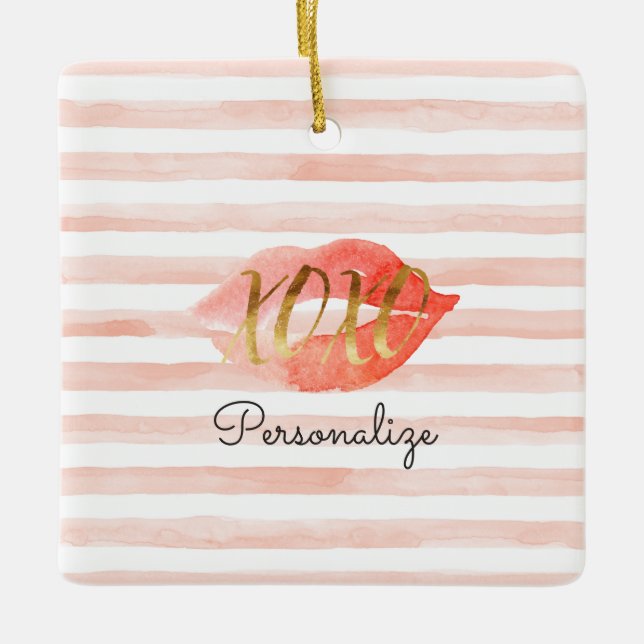 Ornement En Céramique Blush Rose or XOXO Aquarelle Kiss personnalisé (Devant)