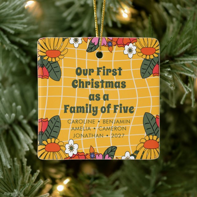 Ornement En Céramique Boho Super First Christmas Famille de cinq (Arbre)