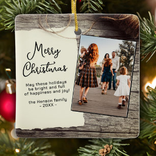 Ornement En Céramique Bois Rustique Papier Ancien Joyeux Noël Famille
