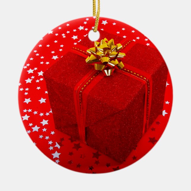Ornement En Céramique Boîte cadeau de Noël rouge (Devant)