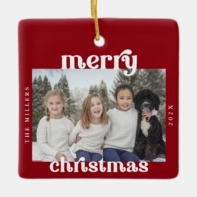 Ornement En Céramique Bold Retro Joyeux Noël rouge Photo (Devant)