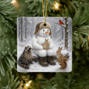Ornement En Céramique Bonhomme de neige dans les bois hivernaux avec des