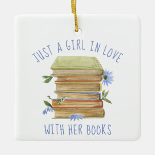 Ornement En Céramique Book Lover Book Stack Flowers Ceramic Ornament