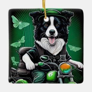Ornement En Céramique Border Collie Chien Conduisant un Vélo St. Patrick