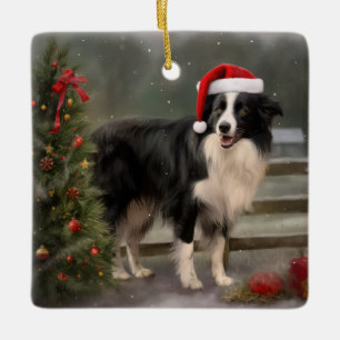 Ornement En Céramique Bordure Collie Chien dans neige Noël