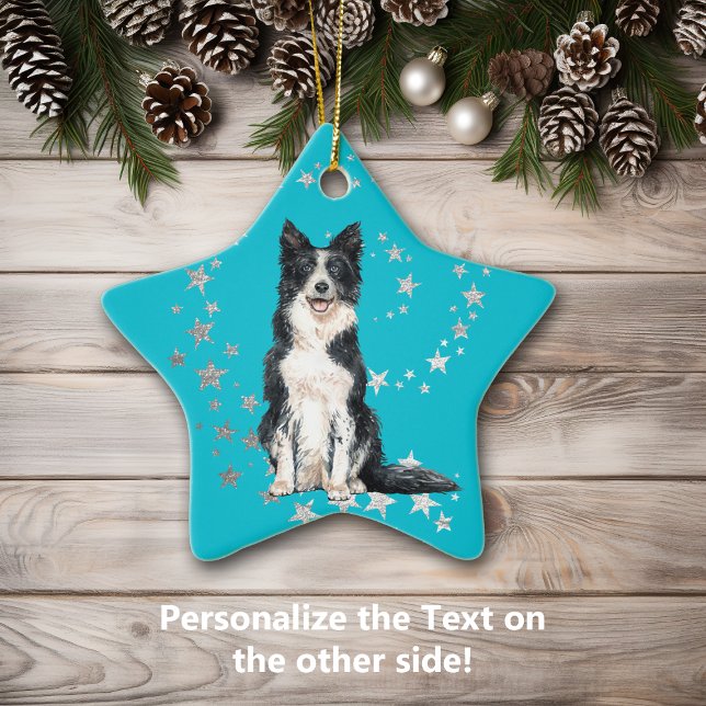 Ornement En Céramique Bordure Collie Etoiles d'argent Noël Turquoise (Créateur téléchargé)