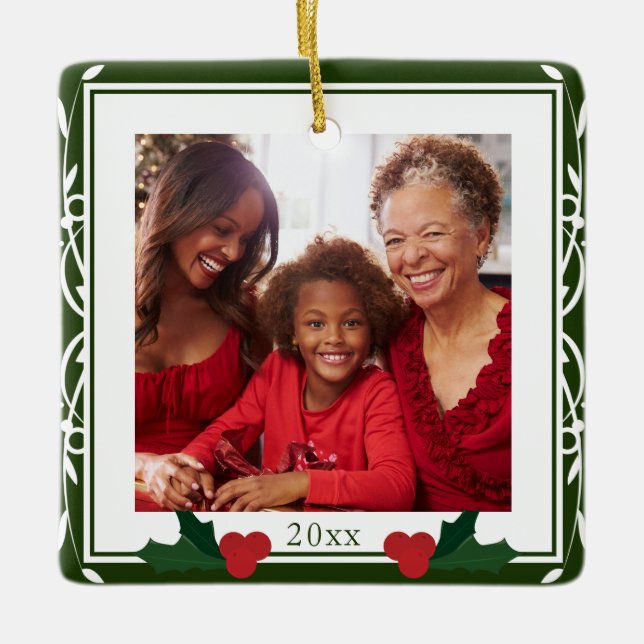 Ornement En Céramique Bordure Vert Blanc Holly Famille Noël (Devant)