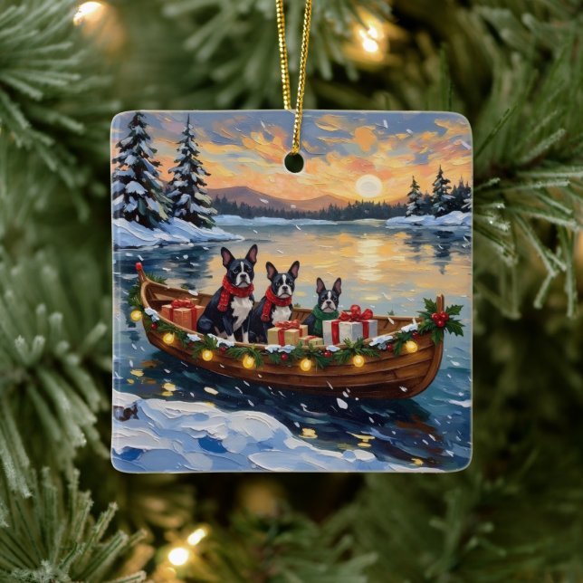Ornement En Céramique Boston Terrier Christmas Boat Holiday (Arbre)