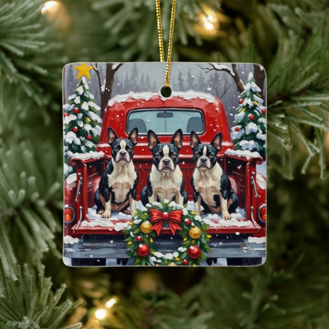 Ornement En Céramique Boston Terrier Christmas Red Truck Holiday (Arbre)