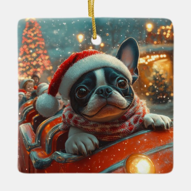 Ornement En Céramique Boston Terrier Dog Roller Dessous de verre Noël (Devant)
