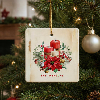 Ornement En Céramique Bougies et poinsettia à l'aquarelle vintage person
