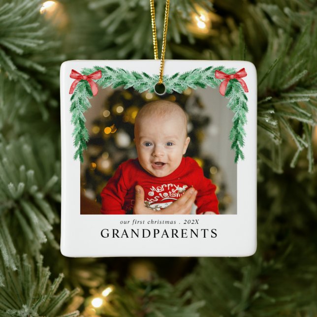Ornement En Céramique  Bow First Christmas Grandparents Newborn Photo  (Arbre)