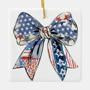 Ornement En Céramique Bow Patriotique Perturbé - Etats-Unis Drapeau Desi