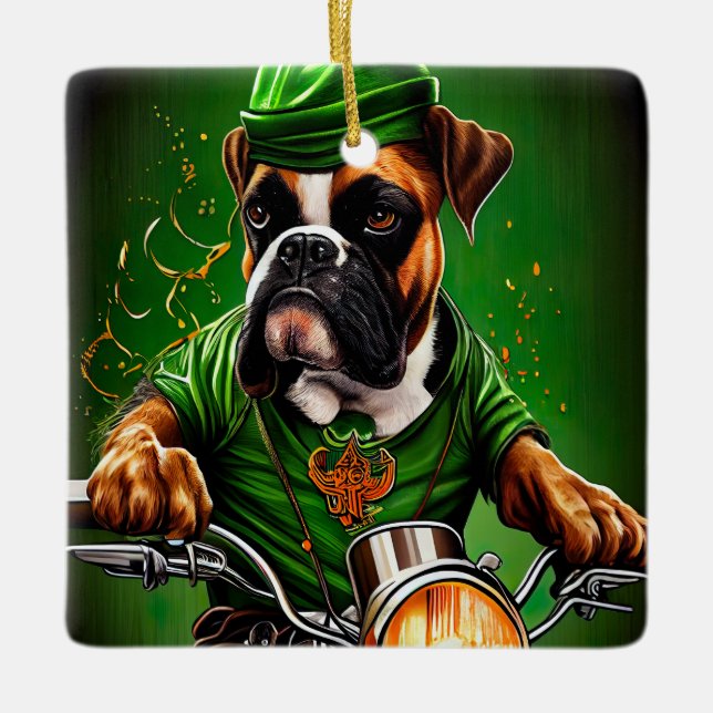 Ornement En Céramique Boxer Chien Conduite Vélo St. Patrick's Day (Devant)