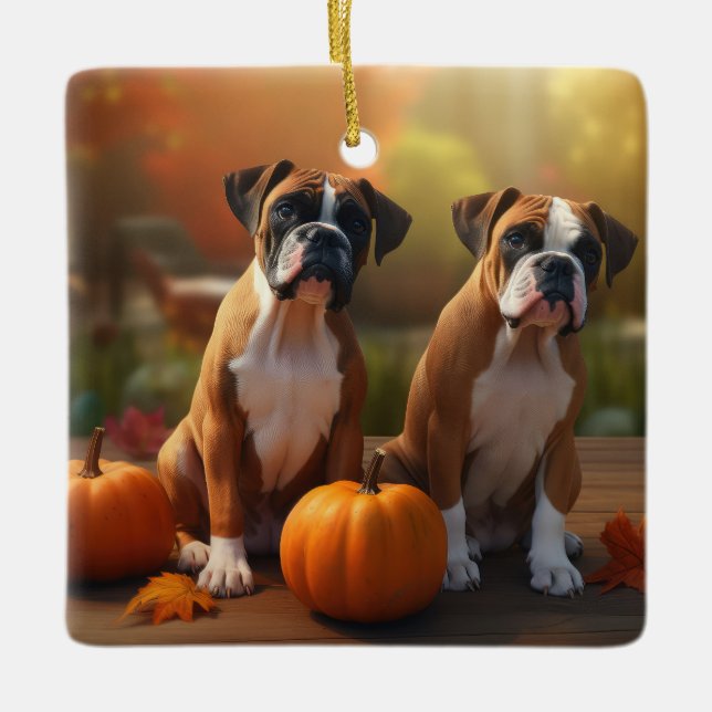 Ornement En Céramique Boxer Chiot Automne Citrouille de plaisir (Devant)