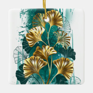 Ornement En Céramique Branche avec Feuilles d'or Ginko Biloba